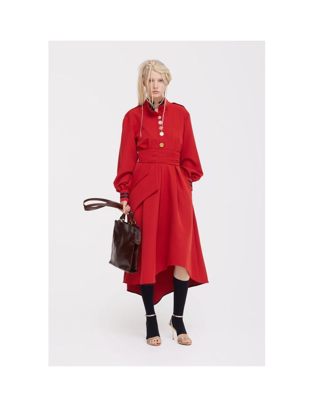 Julia Allert Red Double-Collar Belted A-Line Midi Dress –