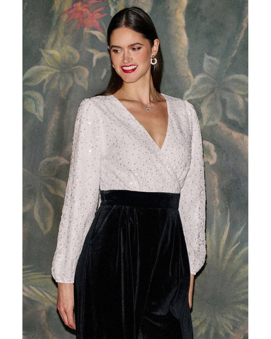 Yumi' Black Ivory Embellished Pearl Sequin Velvet Jumpsuit