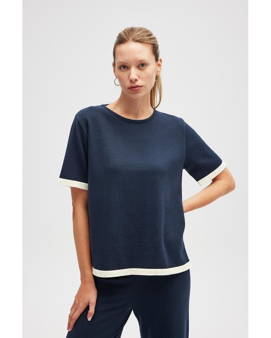 Peraluna Blue Rumi Knit Slit Cotton Blouse