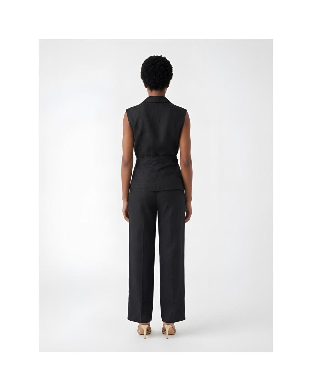 Women & Women Black Linen Vest Shirt With Decorative Belt
