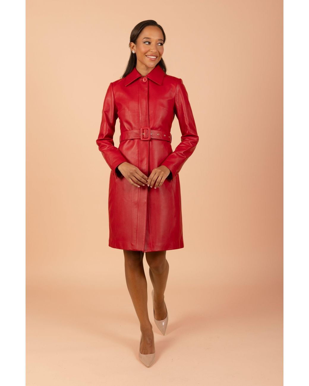 Santinni Red Bellucci Belted Leather Coat