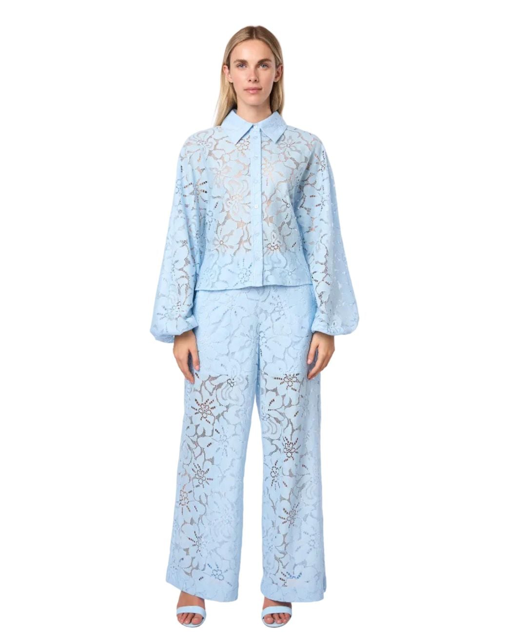 Carloslines Blue Oversized Balloon Sleeve Button Down Lace Shirt W/ Shirttail