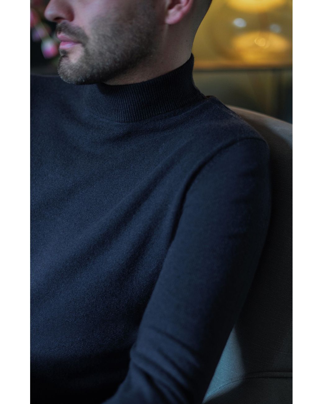 Paul James Knitwear Blue Lightweight Merino Cashmere Tristan Mock Turtle Neck Jumper for men