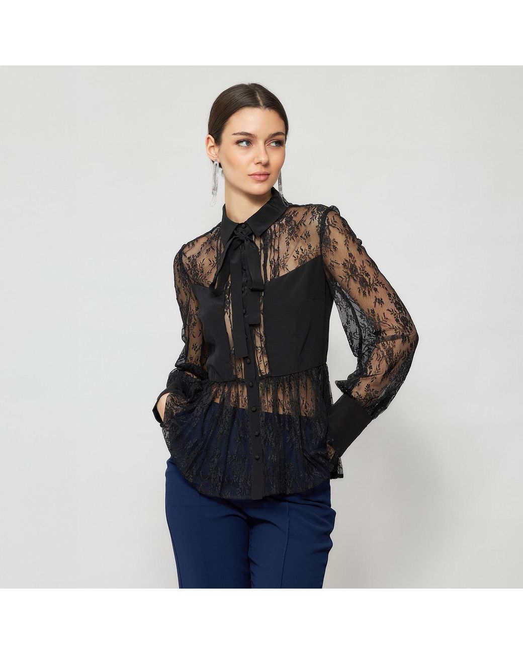 Solgo Atelier Black Laelia Pleated Lace Silk Blouse