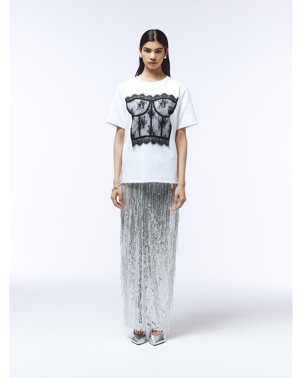 Sour Figs Gray Lace Corset-Appliqué T-Shirt
