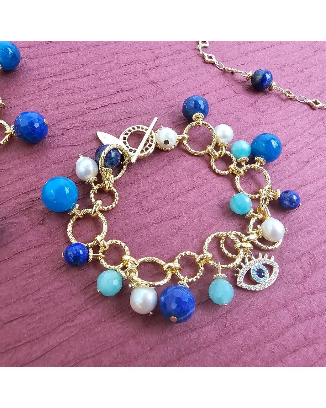 Farra Blue Lapis Lazuli Amazonite And Pearl Turkish Evil Eye Charm Bracelet