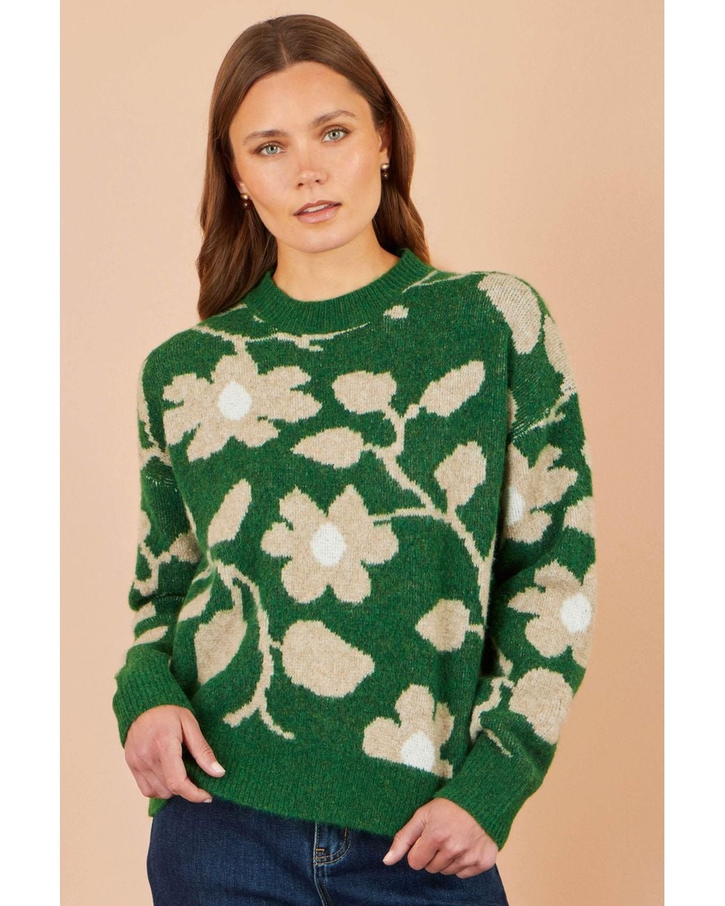 Yumi' Green Floral Intarsia Relaxed Fit Jumper