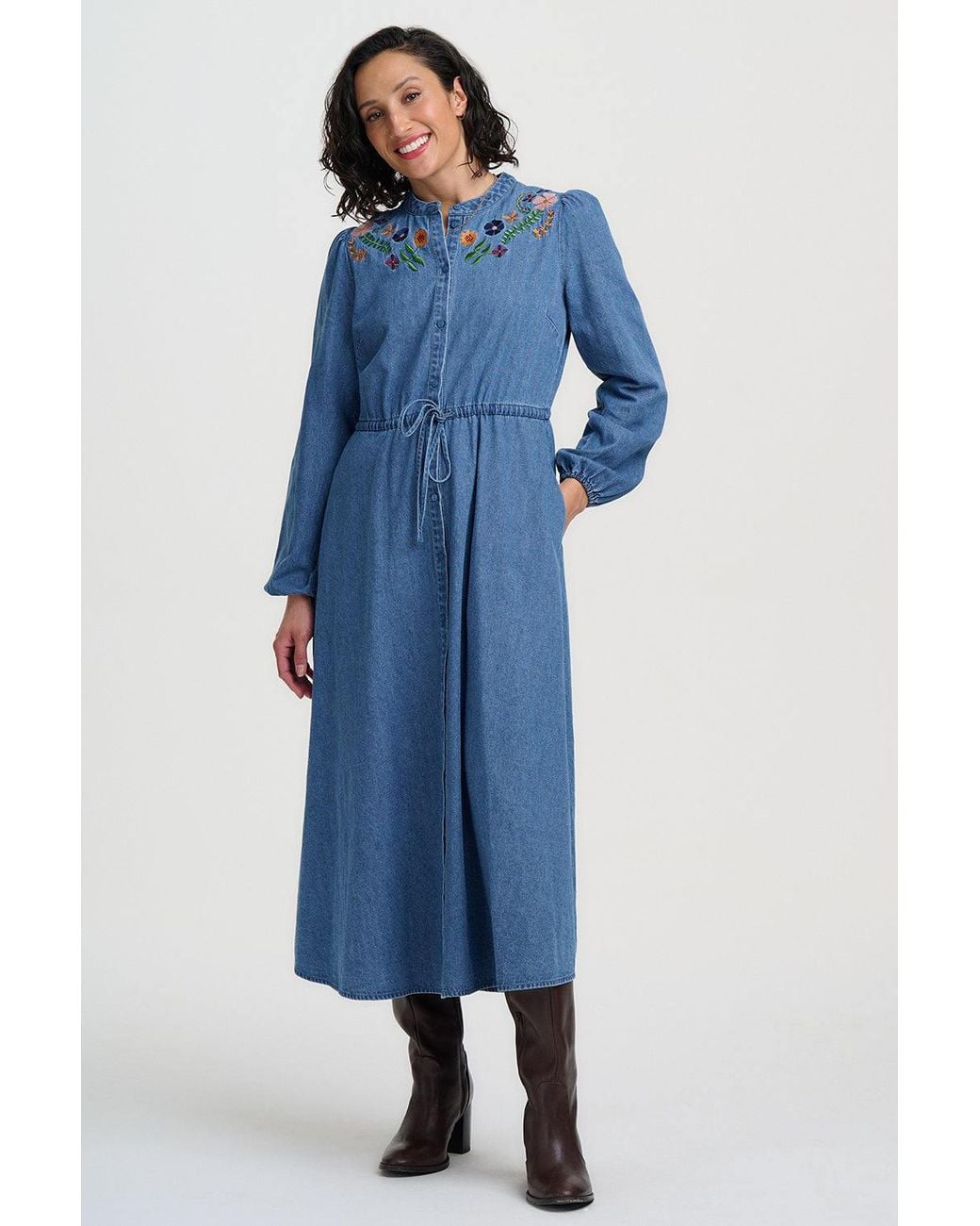 Sugarhill Blue Ivana Denim Midi Shirt Dress Floral Embroidery
