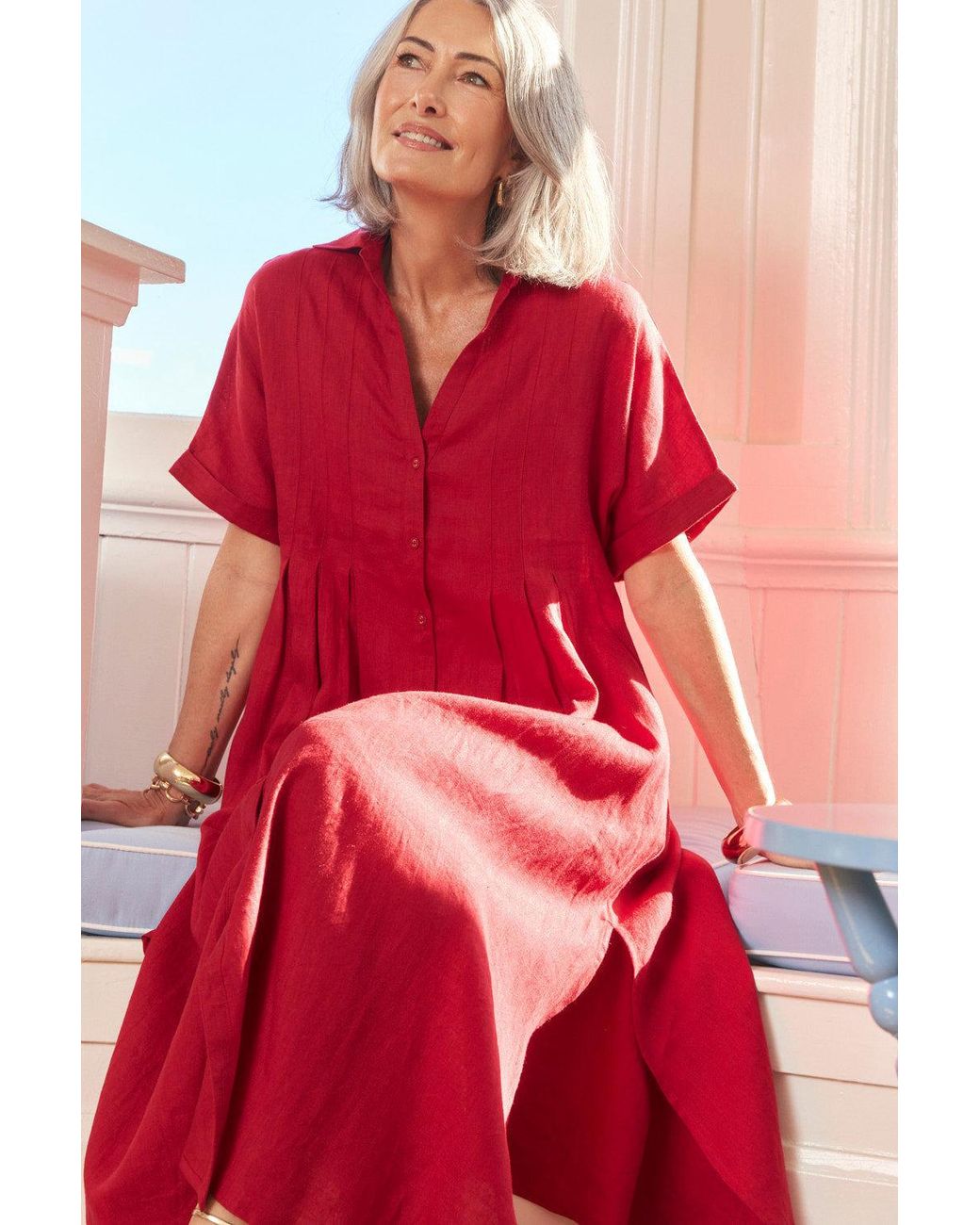 Adrift Clothing Red Bridget Linen Pleated Dress