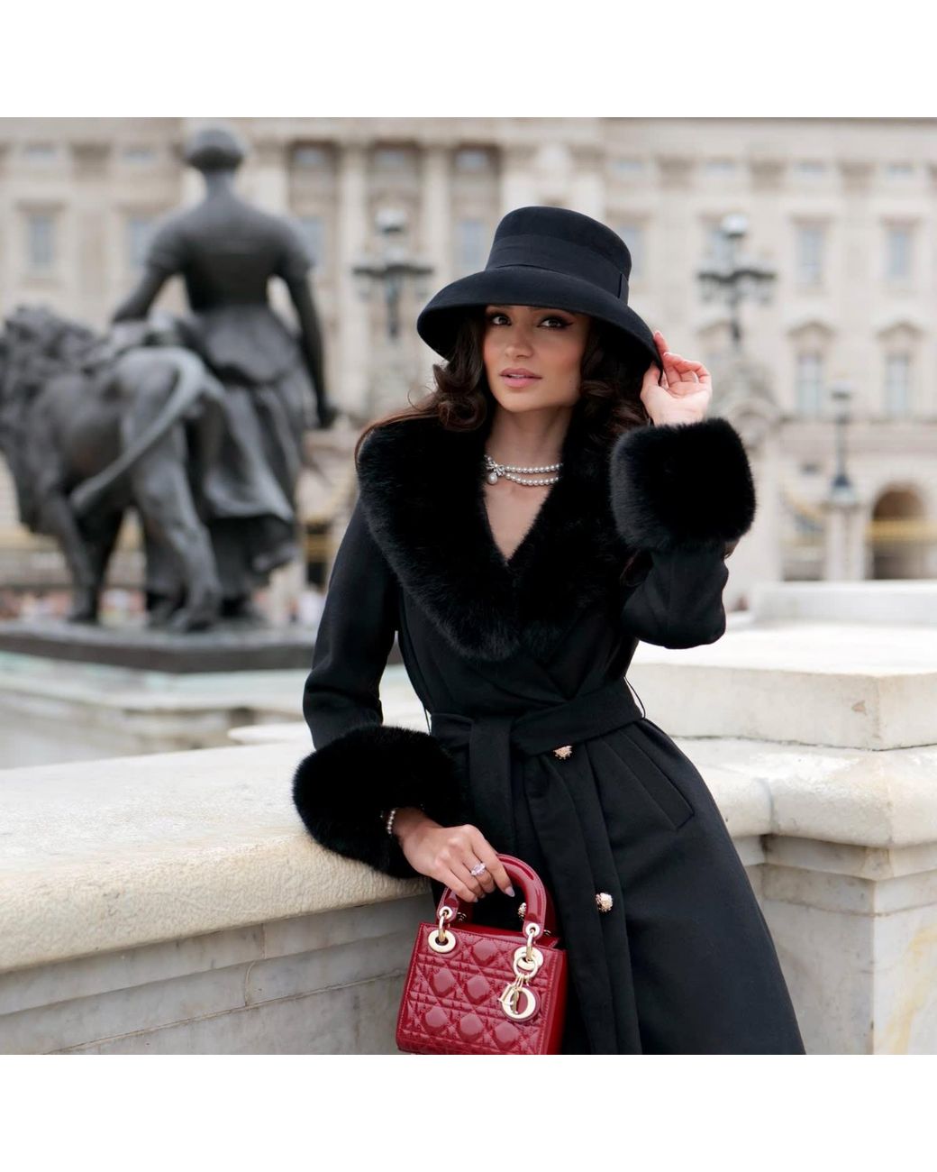 Santinni Black Marlene Cashmere & Wool Coat With Faux Fur