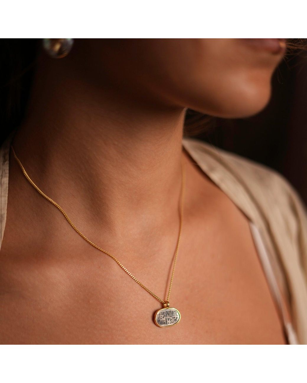 Ebru Jewelry Metallic Spiritual Egyptian Symbols Sterling & Oval Pendant Dainty Necklace