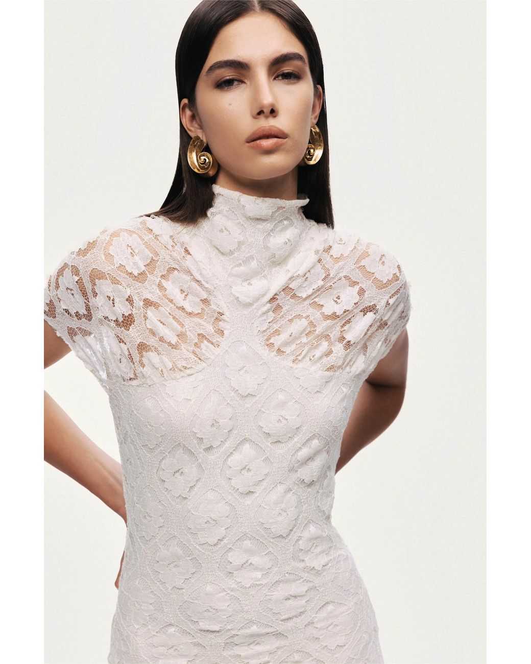 Nocturne White High-Neck Lace Maxi Dress