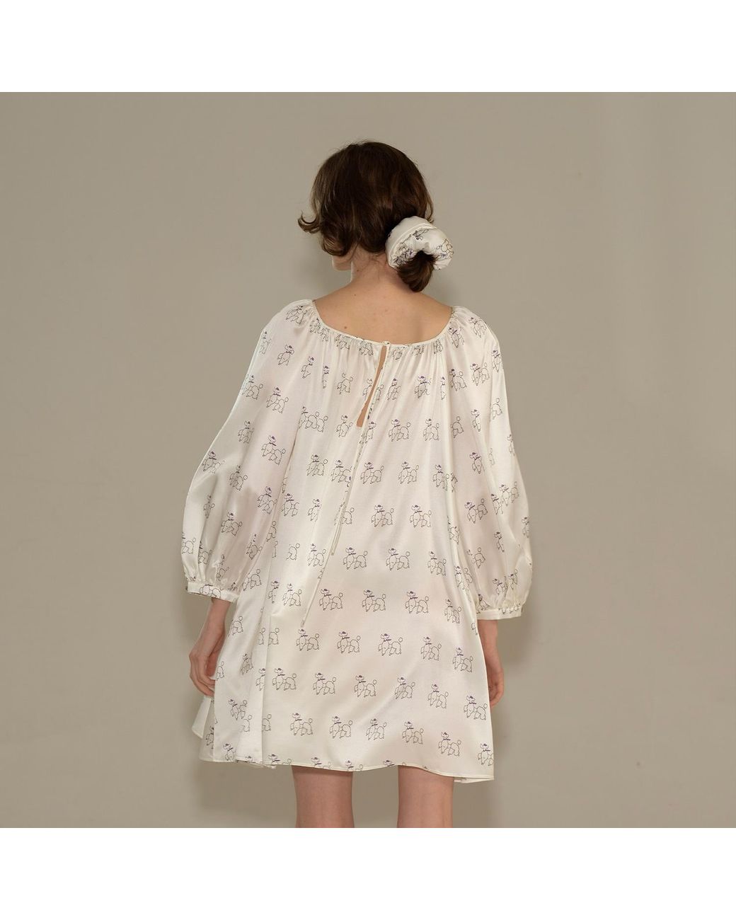 NOT JUST PAJAMA White Diamond Poodles Silk Puff Sleeve Dress