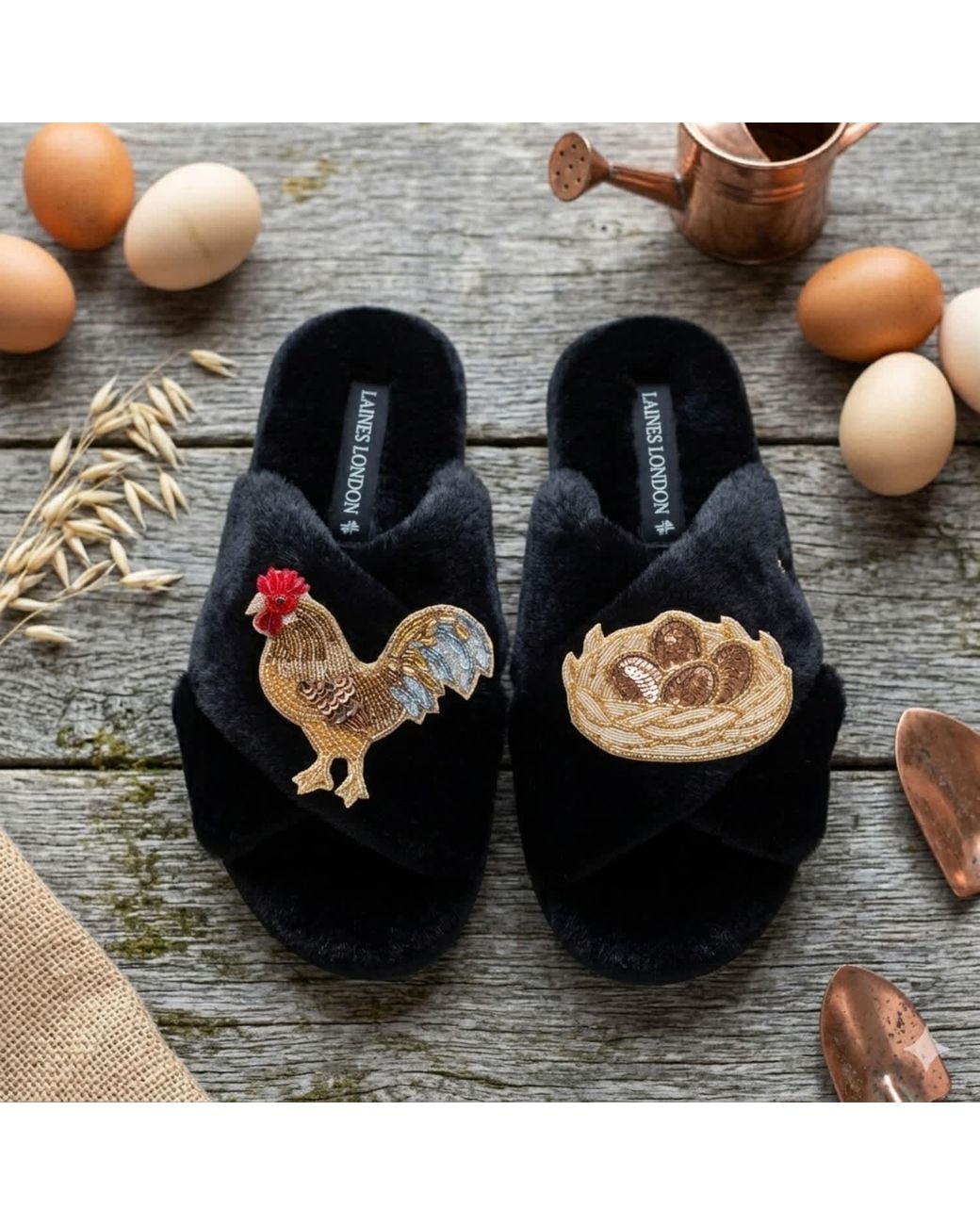Laines London Black Classic Laines Slippers With Rooster & Nest Of Eggs Brooches
