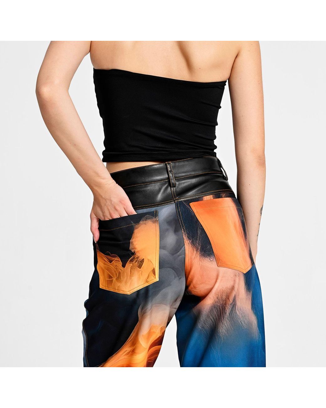 Lalipop Design Blue Wide-Leg Pants With Vegan Leather Waist And Digital Flame Print