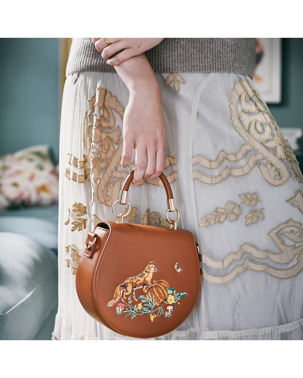 Fable England Brown Embroidered Vegan Leather Saddle Crossbody Bag