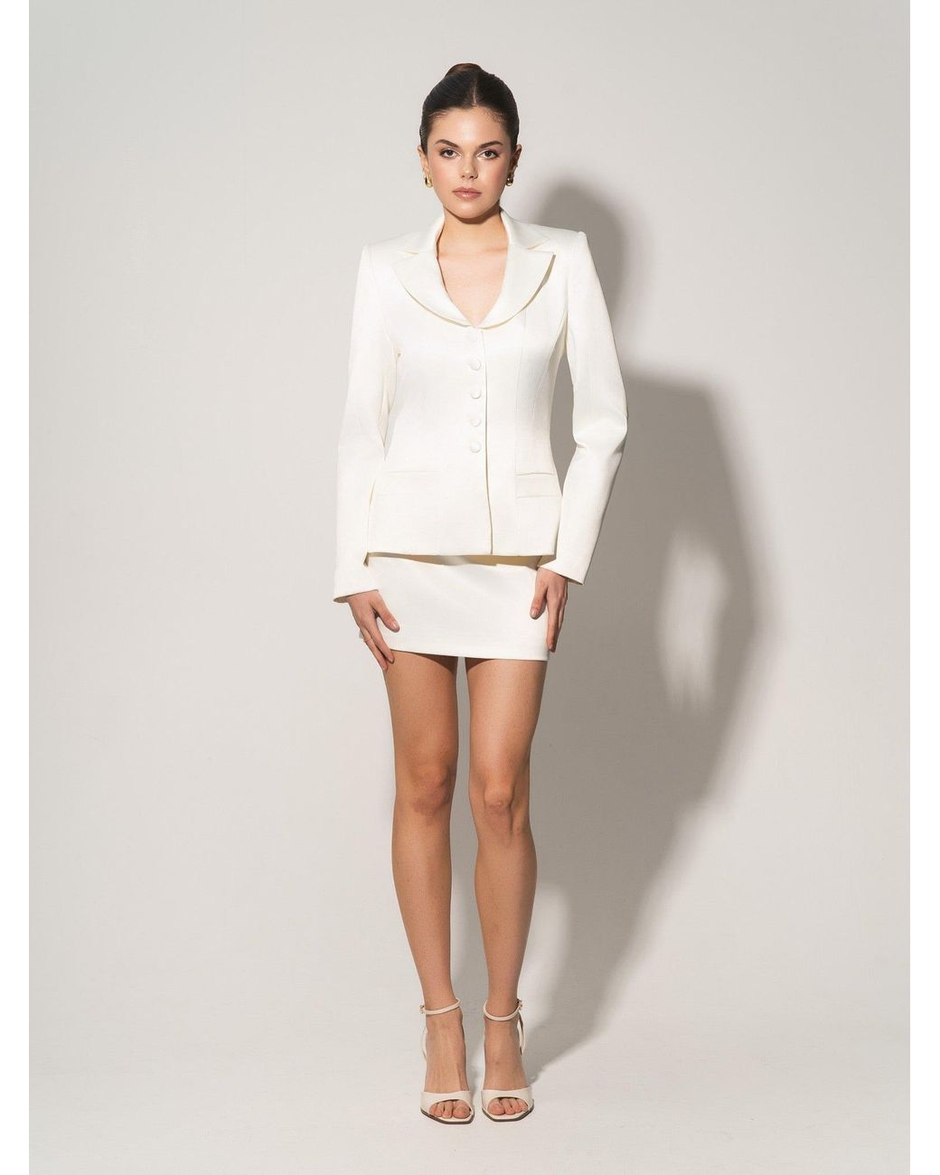 Tia Dorraine White Tailored Satin Blazer & Mini Skirt Set