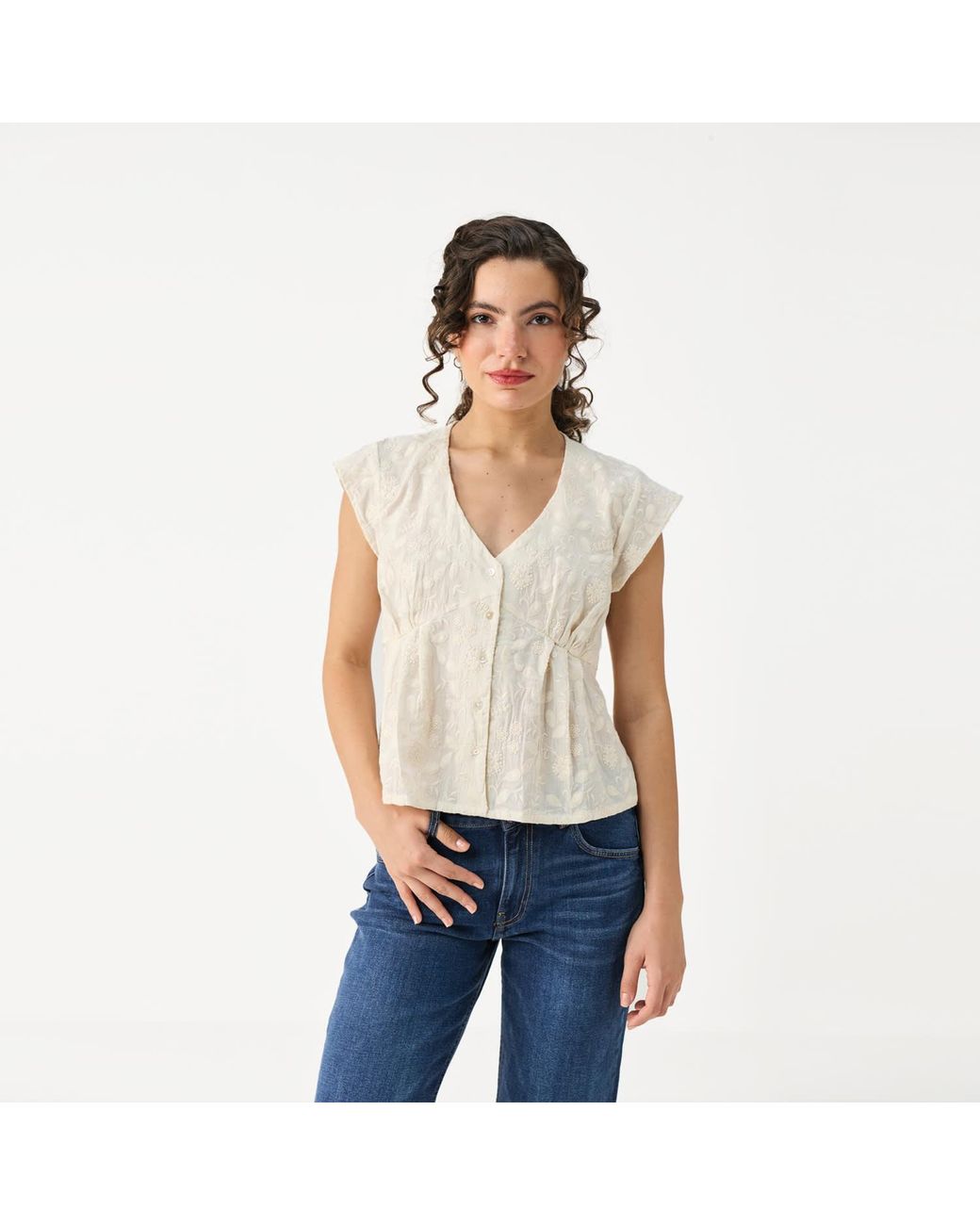 REISTOR Natural Embroidered Deep V Neck Top