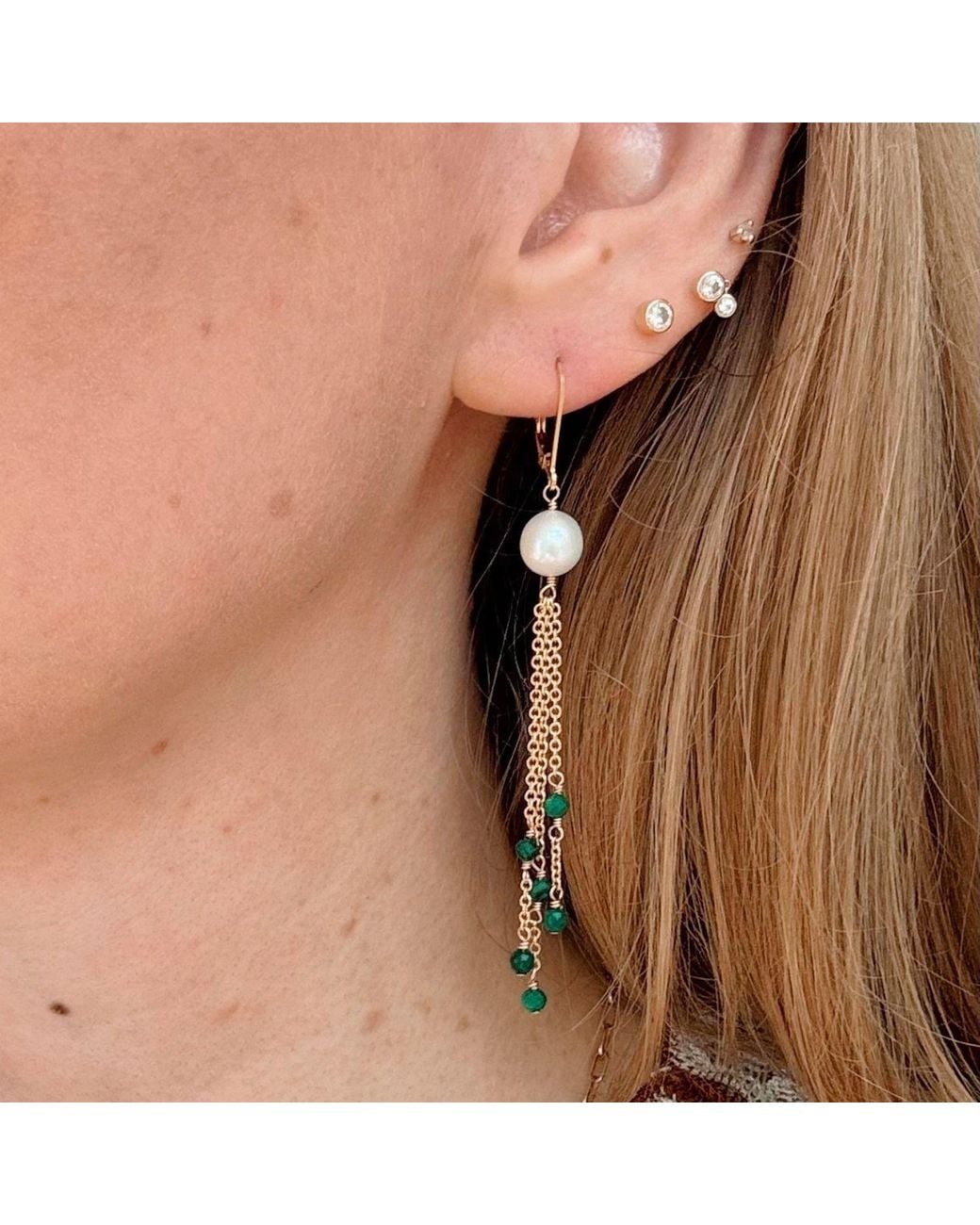 Herself Collections Metallic Pearl & Malachite Drop Chain Earring