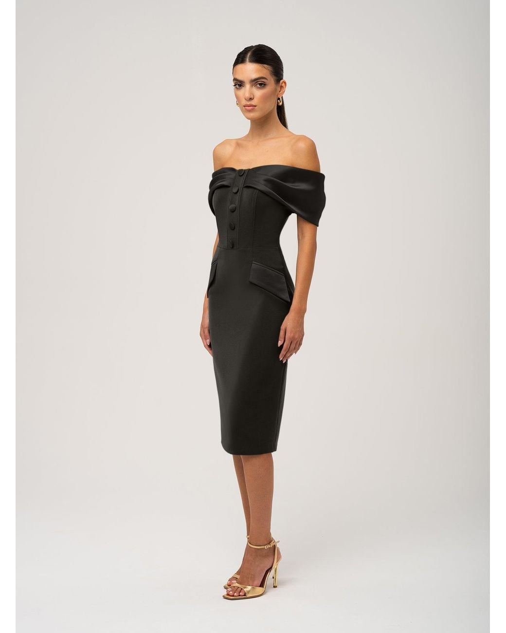 Tia Dorraine Black Steel Confidence Off-Shoulder Midi Dress