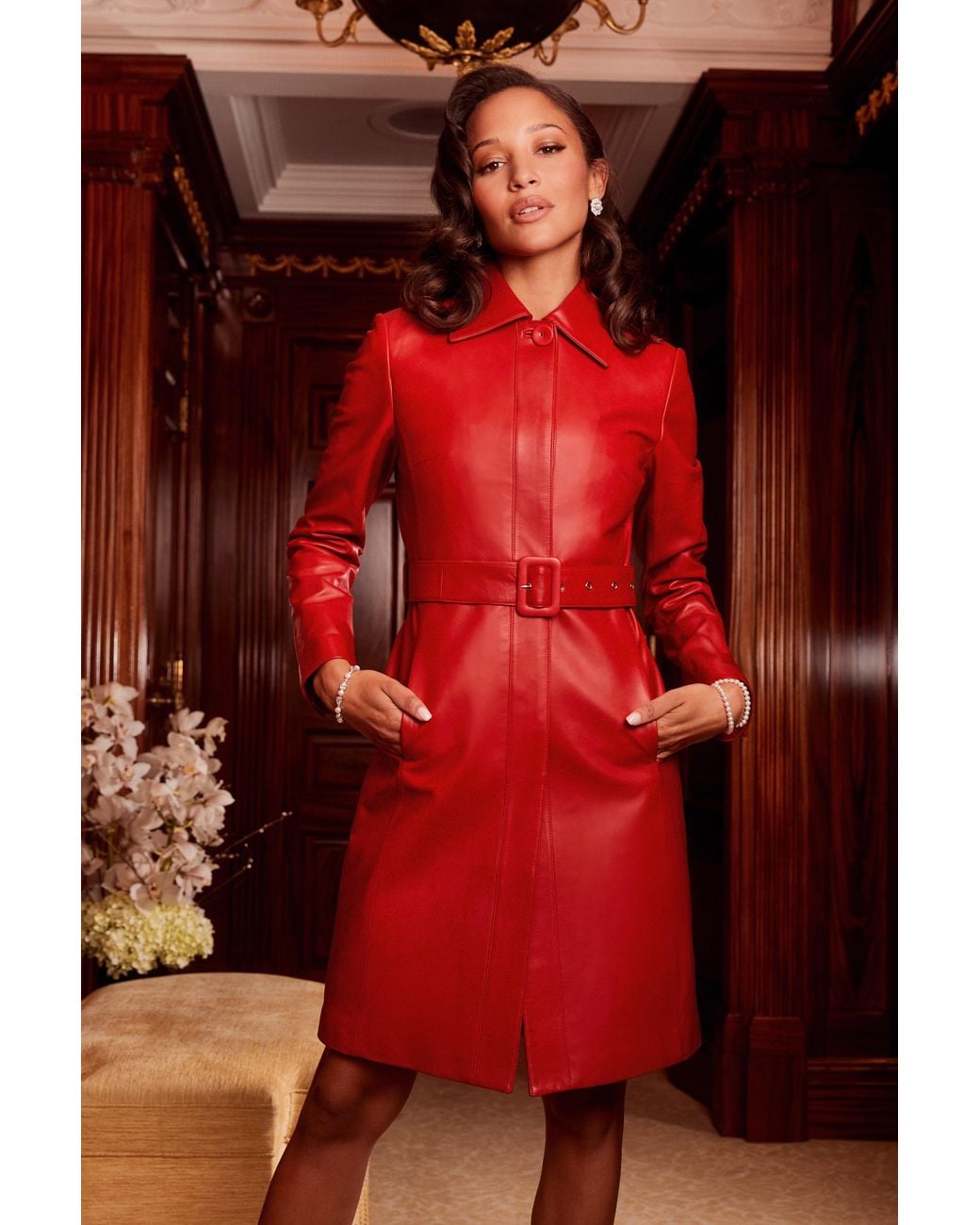 Santinni Red Bellucci Belted Leather Coat