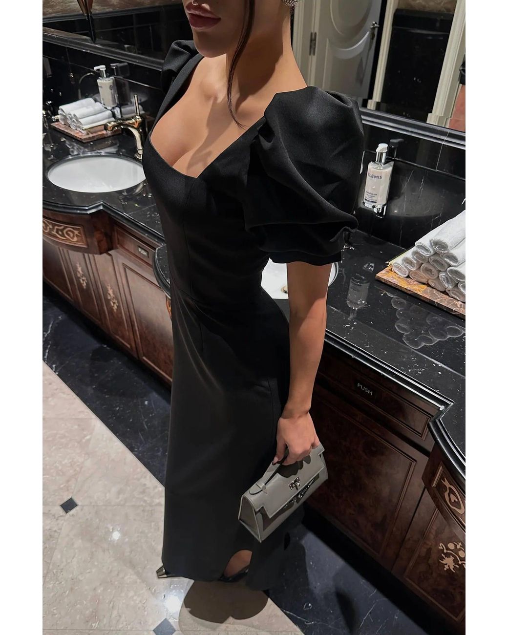 POST MERIDIEM Black Godet Silhouette Square Neck Midi Dress