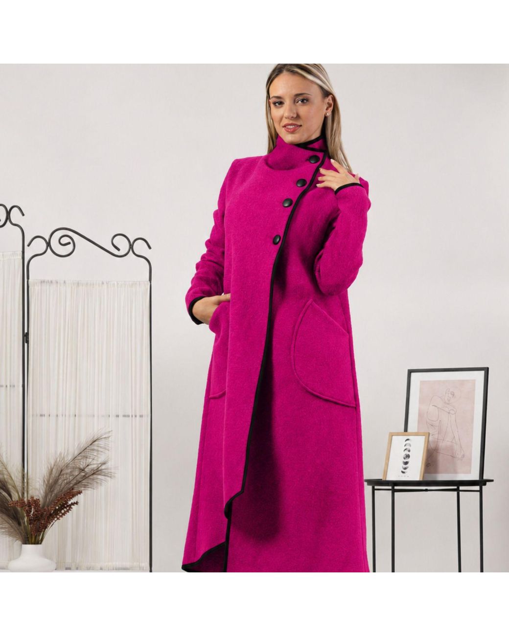 Nikka Place Pink Boiled Wool Buttoned Cardigan With Big Pockets