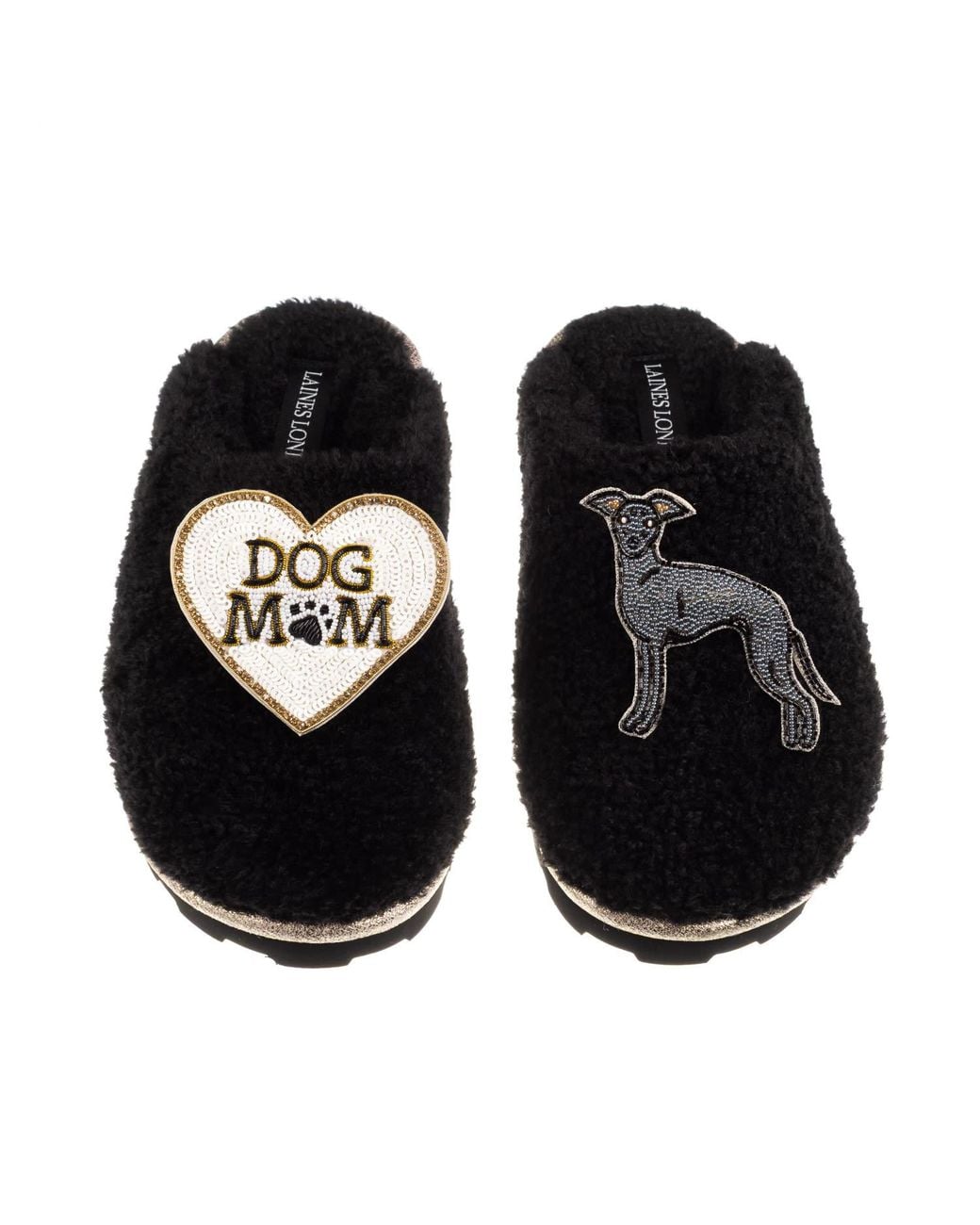 Laines London Black Teddy Closed Toe Slippers With Dog Mum/Mom & Italian Greyhound Brooches