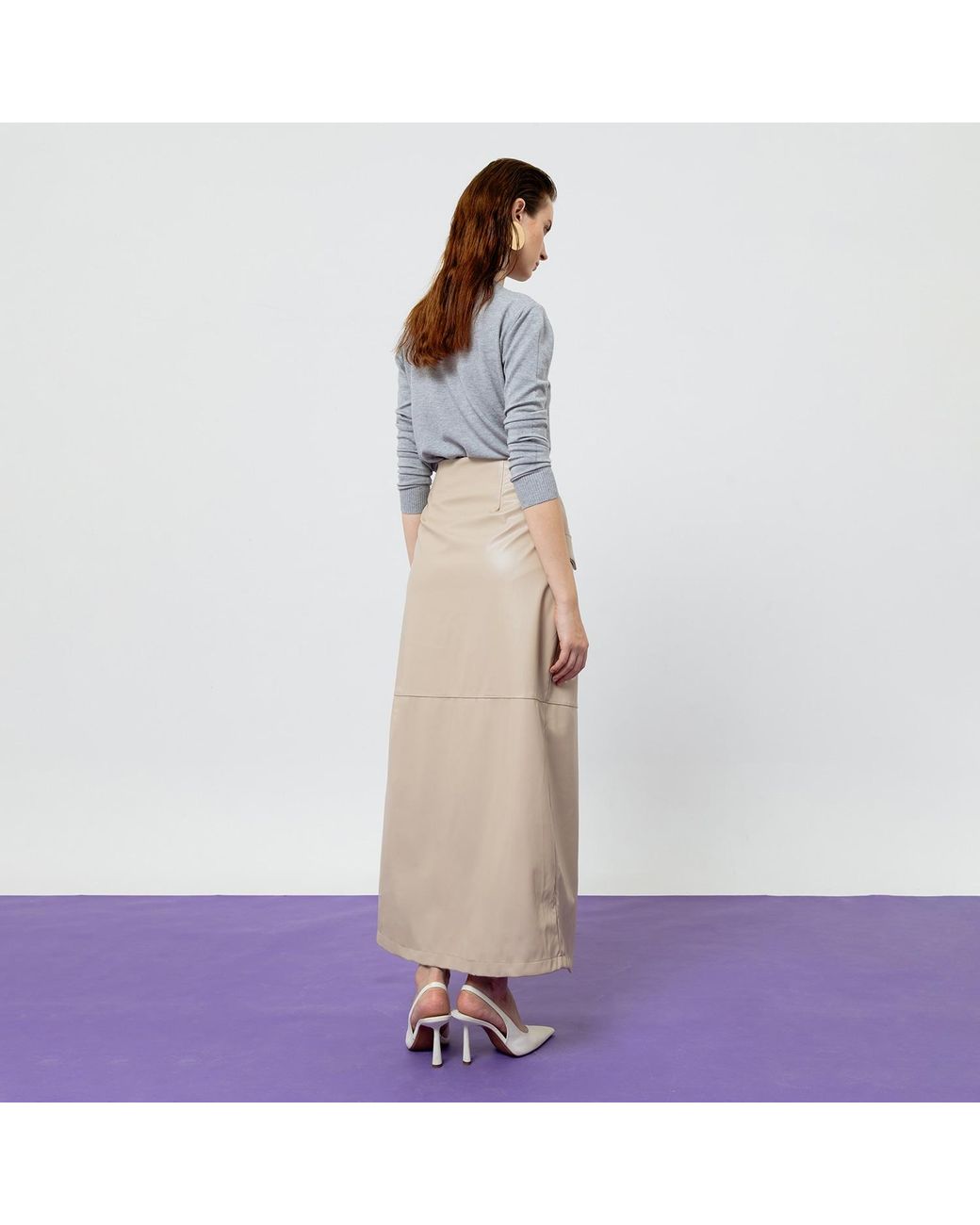 Ats the Label Natural Neutrals Beatrix Creme Faux Leather Midi Skirt