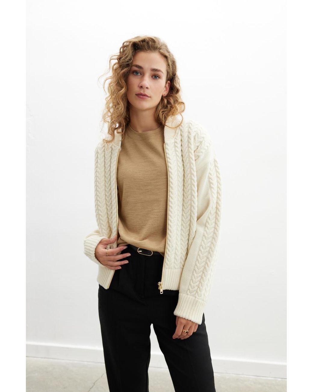 Peraluna Natural Dover Cable Knit Bomber Jacket