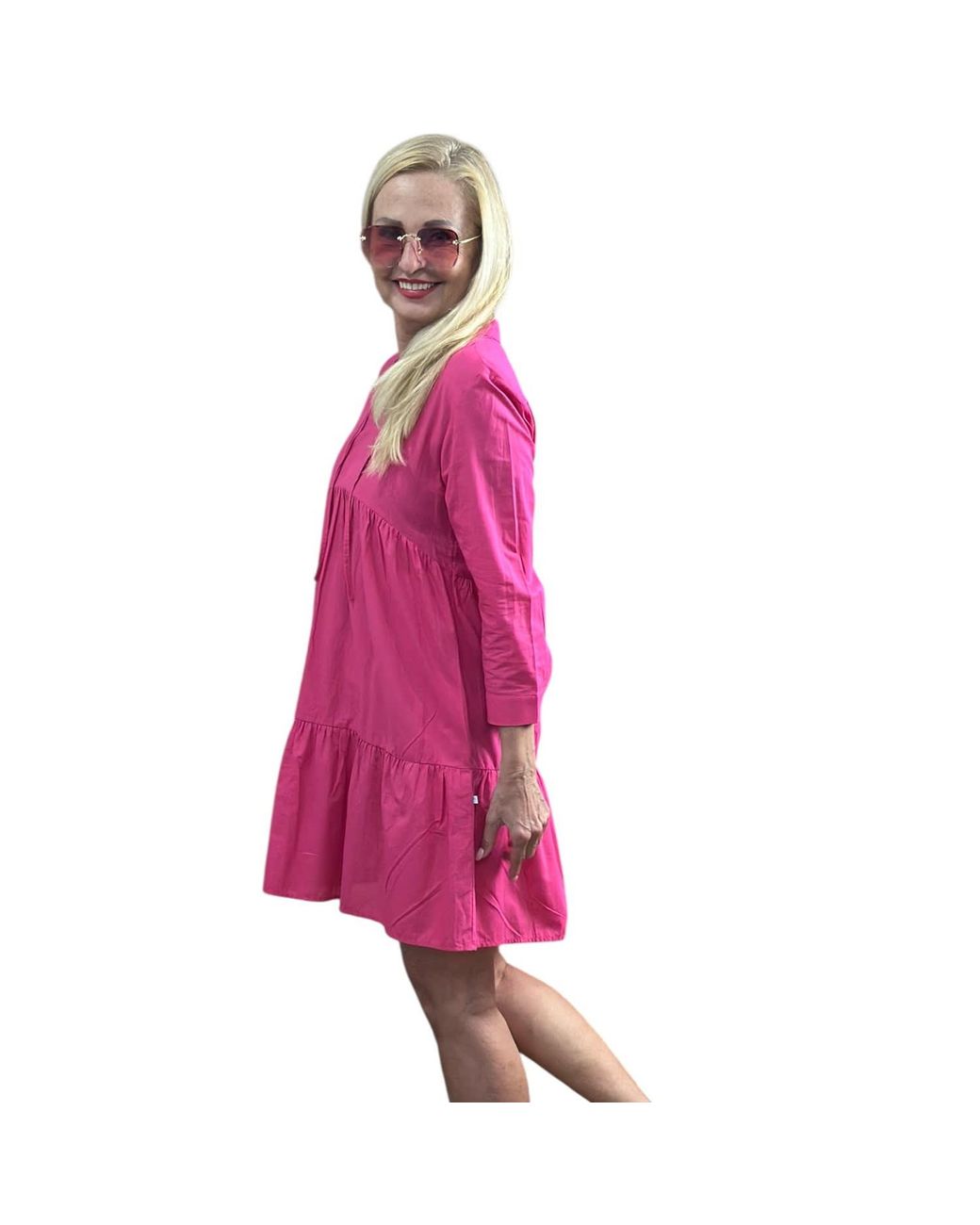 Perlavera Pink Olga Solid Soft Cotton Three Quarter Sleeve Length Short Dress