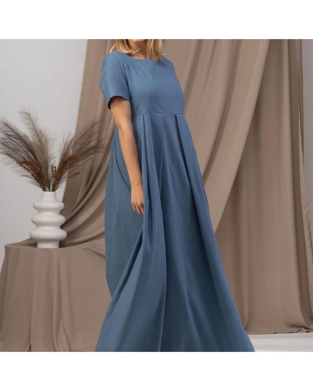 Nikka Place Blue Maxi Linen Maternity Dress With Short Sleeves And Empire Waist
