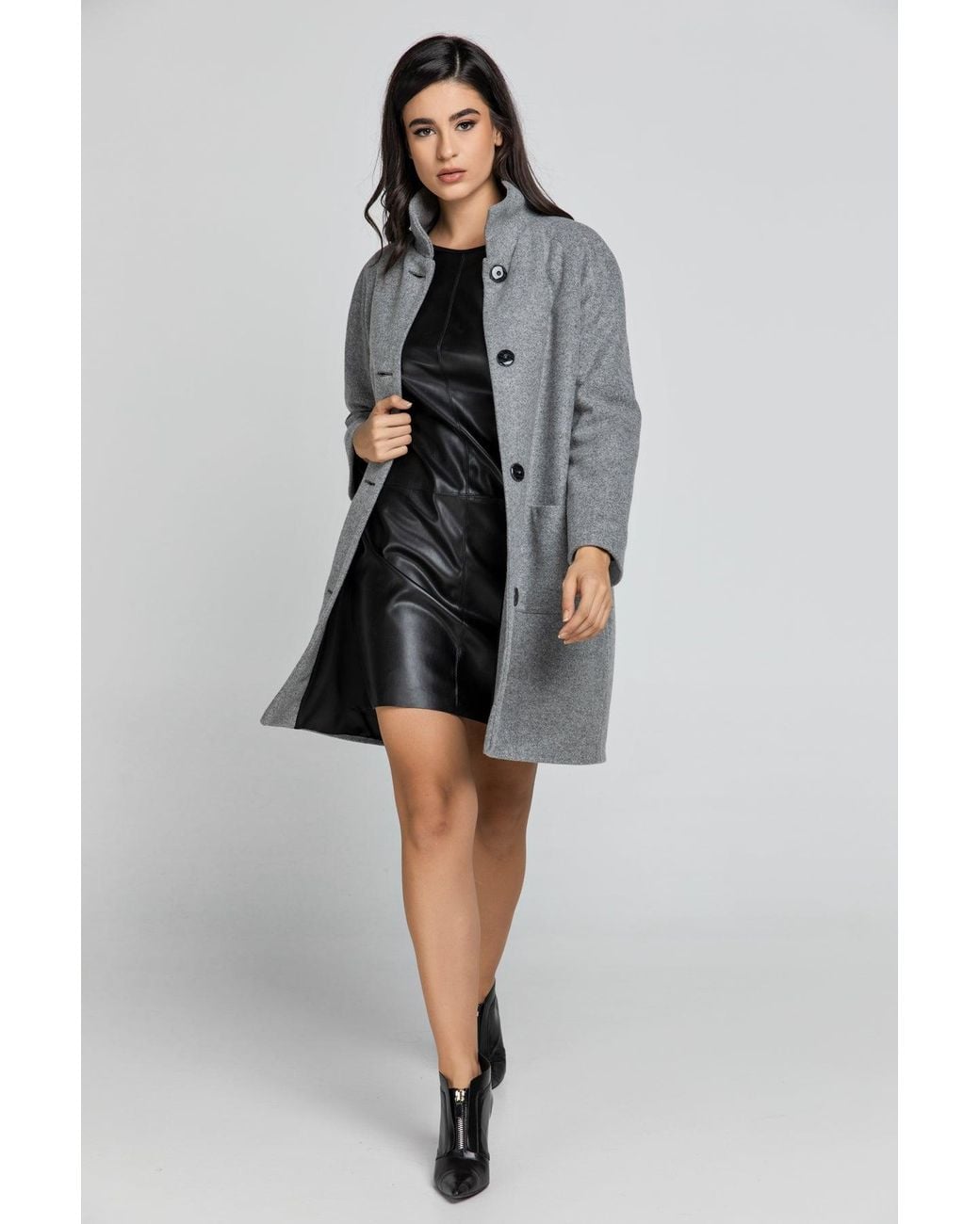 Conquista Gray Coat With Upright Collar By Fashion