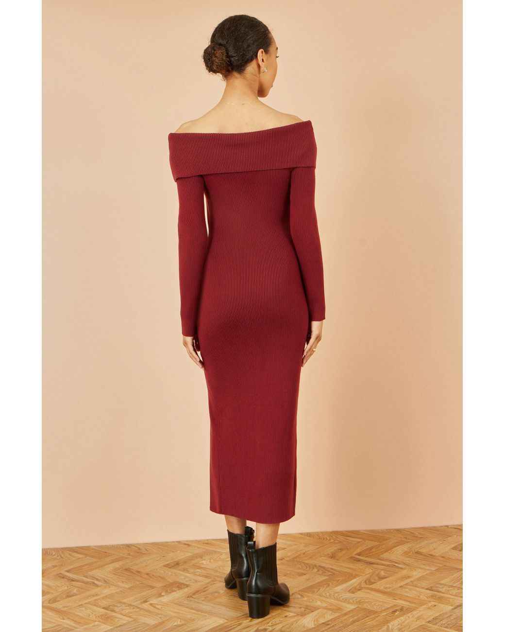 knee length dresses for ladies HARLEEN Draped Bardot Bonded Satin Midi Dress in Burgundy