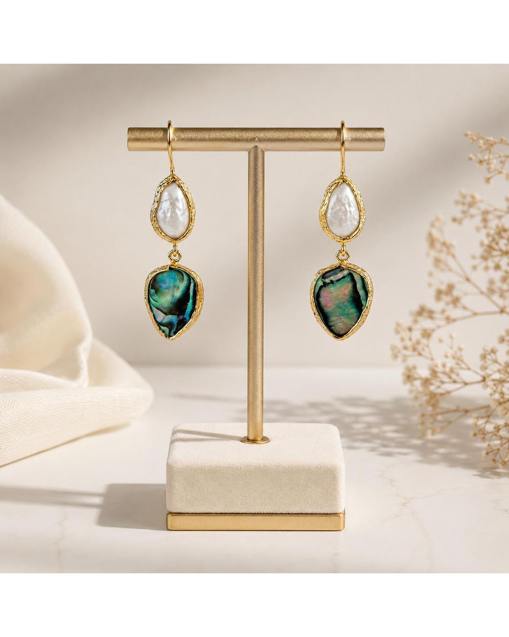 By Ozge Green Ocean Muse Pearl & Iridescent Shell Plated Drop Earrings