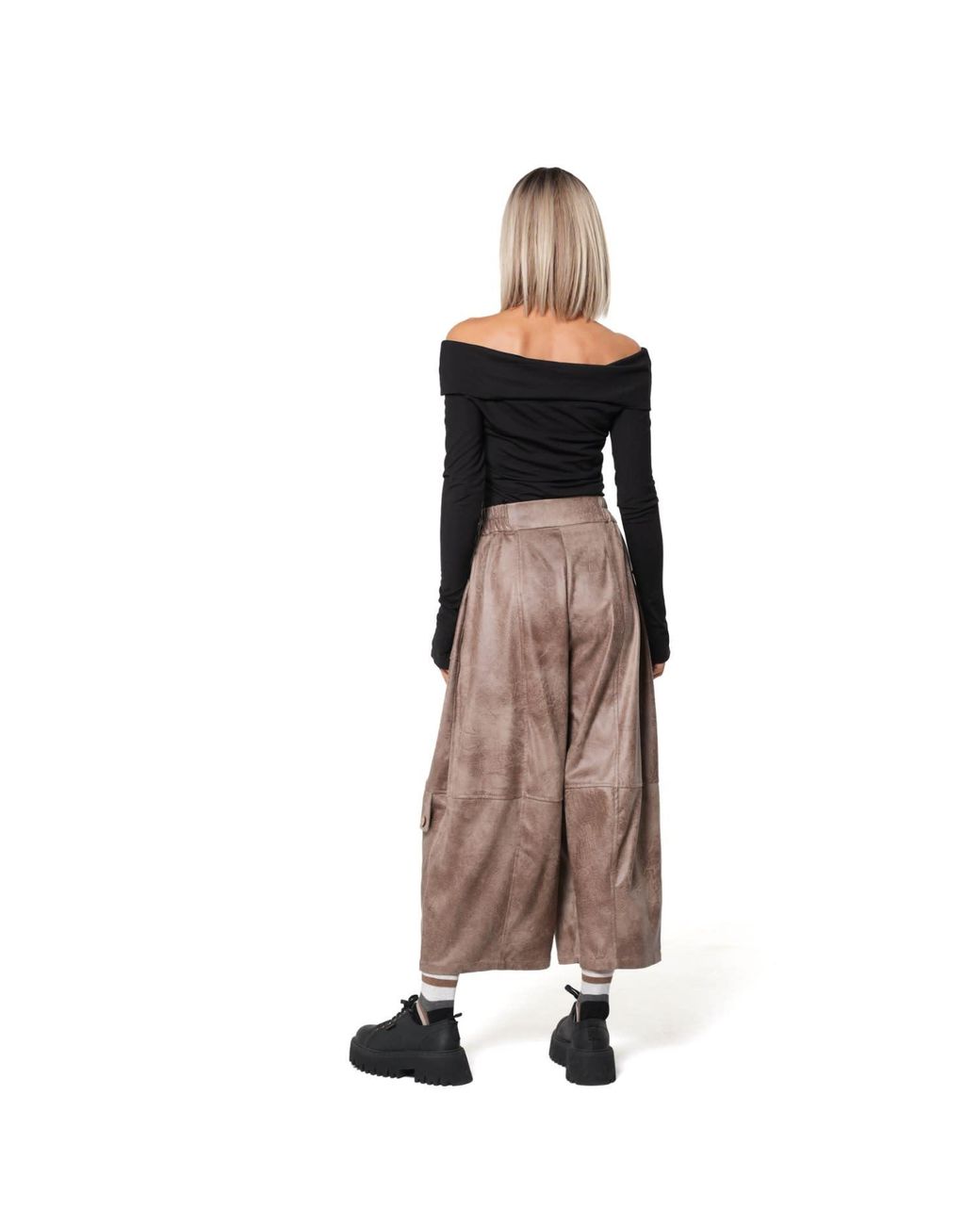 Metamorph Brown Wide-Leg Faux Suede Trousers With Buttons