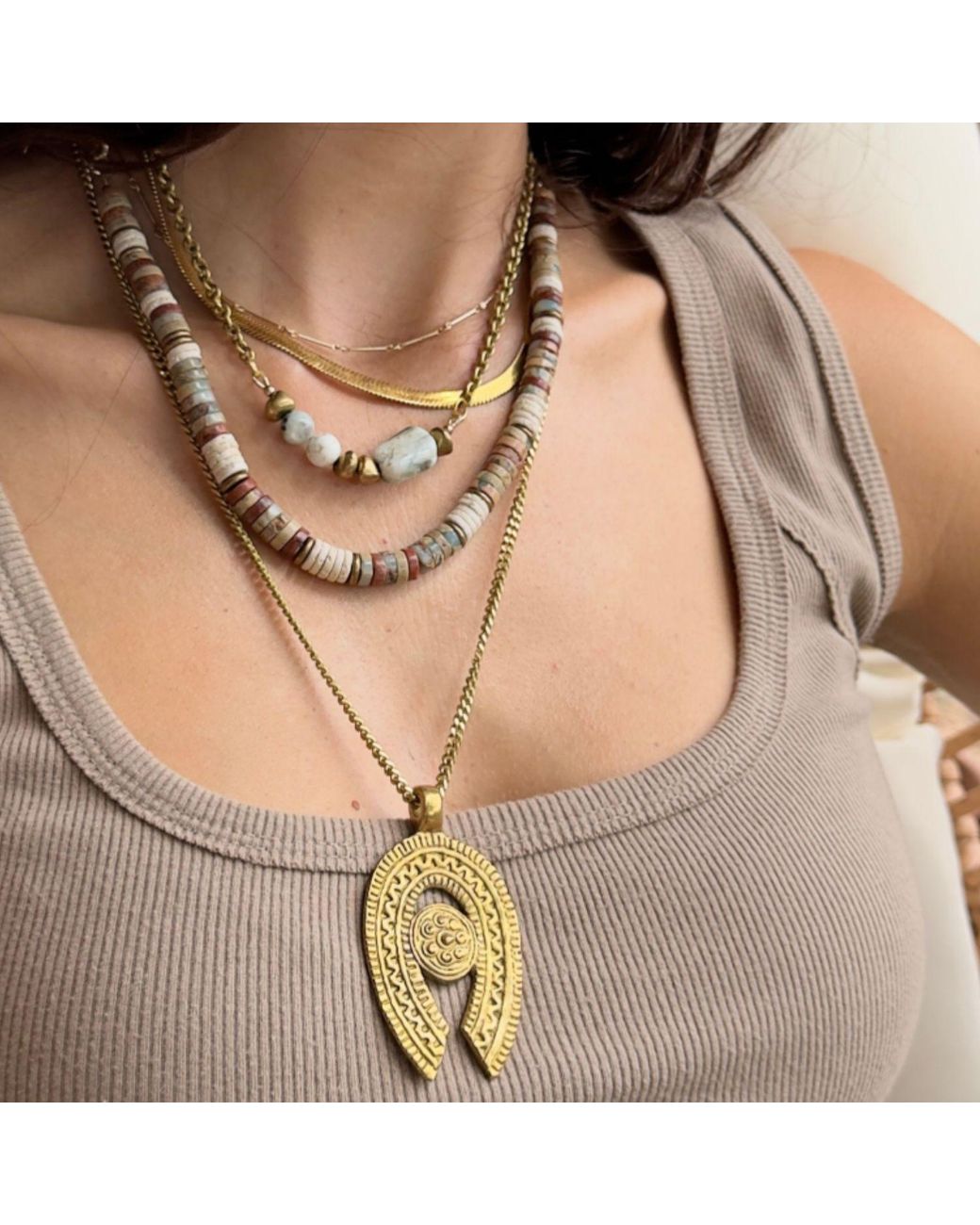 Rachel Nathan Metallic Neutrals Meridian Peruvian Opal & Kiwi Jasper Necklace