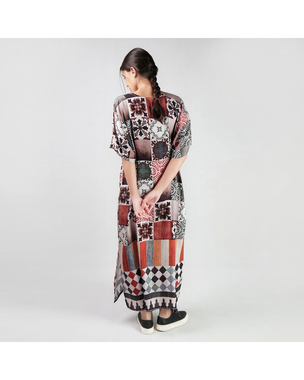 DHARA SHETH DUBAI Brown Celestial Tesserae Mosaic Print Long Cotton Kaftan Dress