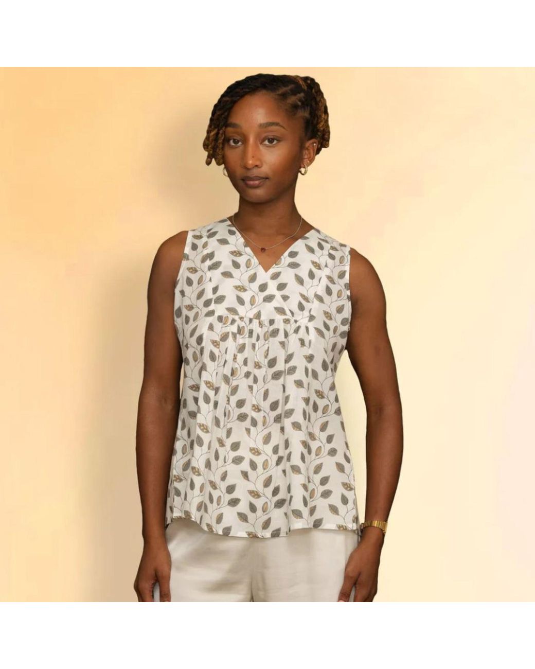 House of Gl Natural Neutrals Nira Cotton Sleeveless V-Neck Blouse With Leaf Print