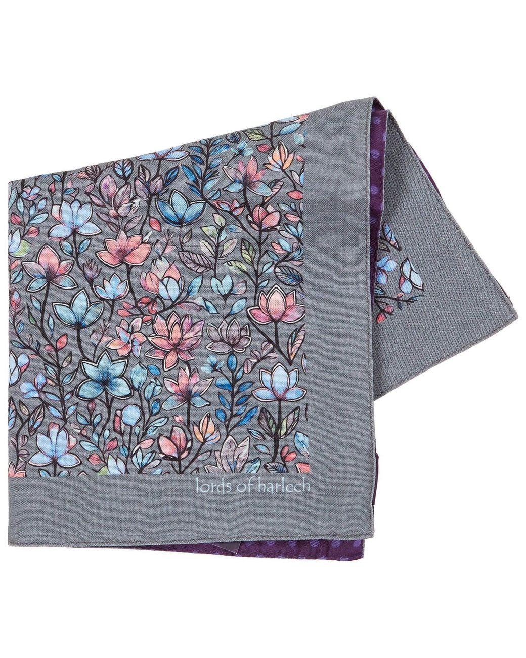 Lords of Harlech Blue Hudson Mystic Floral Merino Handkerchief Pocket Square for men