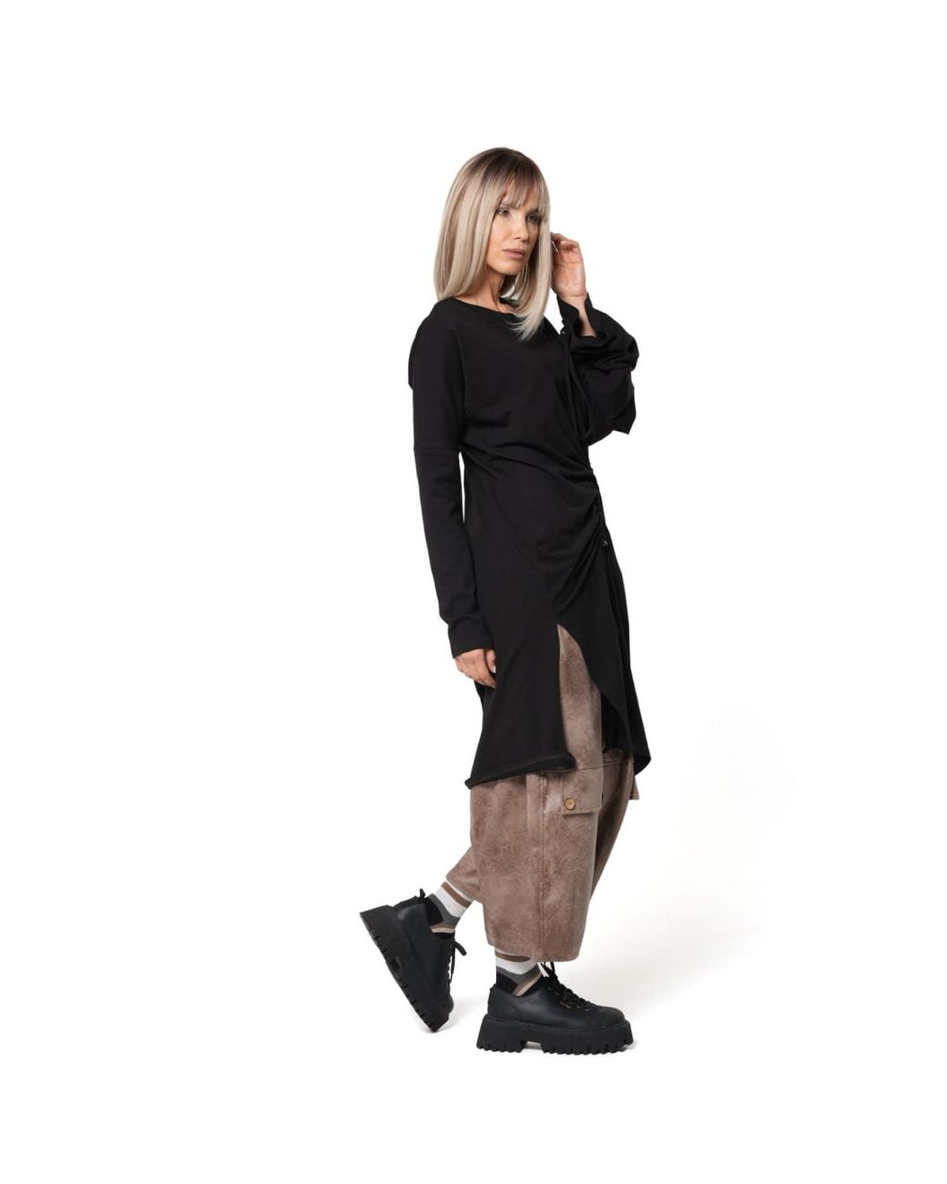 Metamorph Black Neutrals Asymmetric Cotton Tunic With Adjustable Drawstring Details