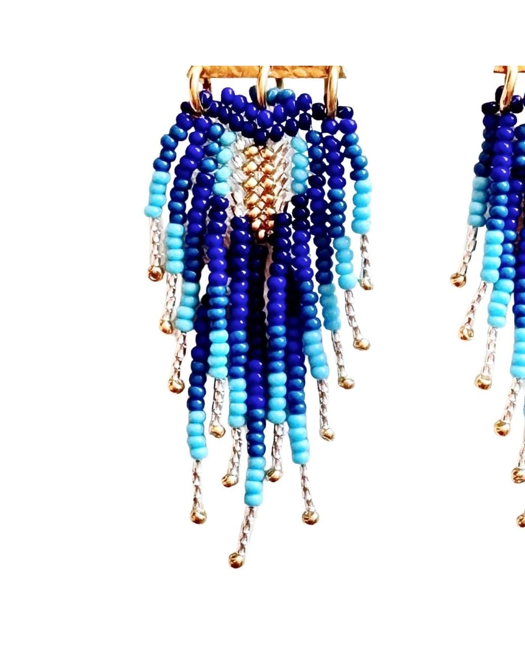 Iliana Arrazola Blue Triangle Fringe Dangle Earrings, Glass Beads, Beaded Jewelry