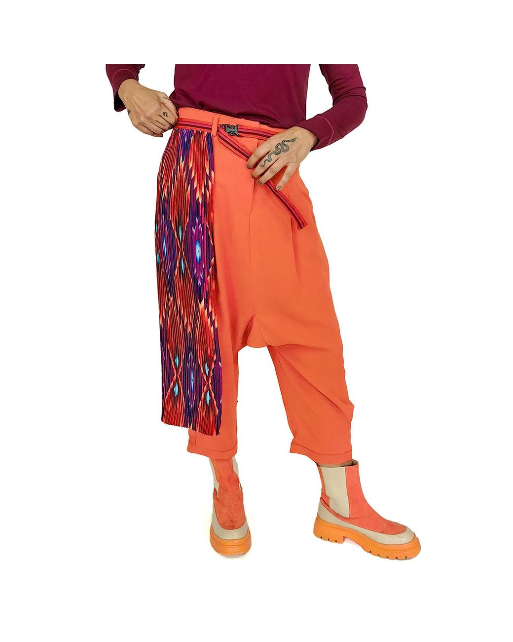 Lalipop Design Orange Baggy Pants With Detachable Pleated Half-Skirt