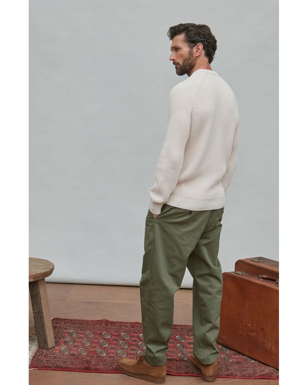 Paul James Knitwear Pink Neutrals Heavyweight Cotton Clark Fisherman Rib Knit Jumper for men