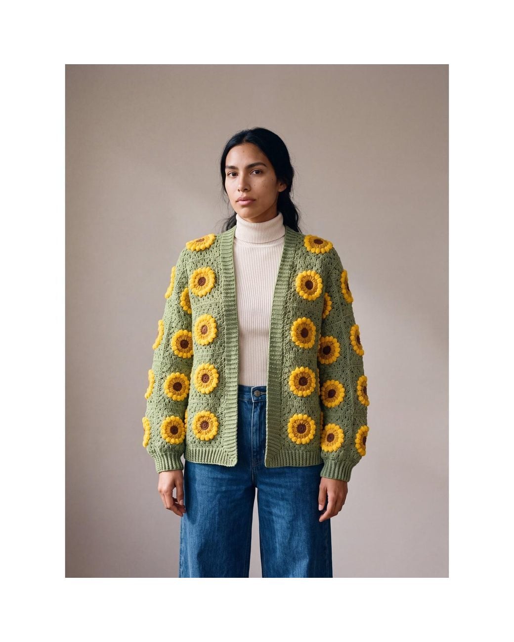 Ana Chic Yellow Sage Sunflower Granny Square Handmade Crochet Cardigan
