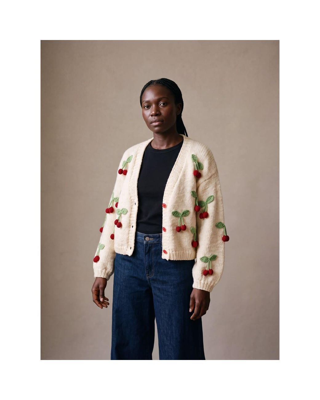 Ana Chic Green Neutrals Cherry Motif Handmade Knitted Cardigan