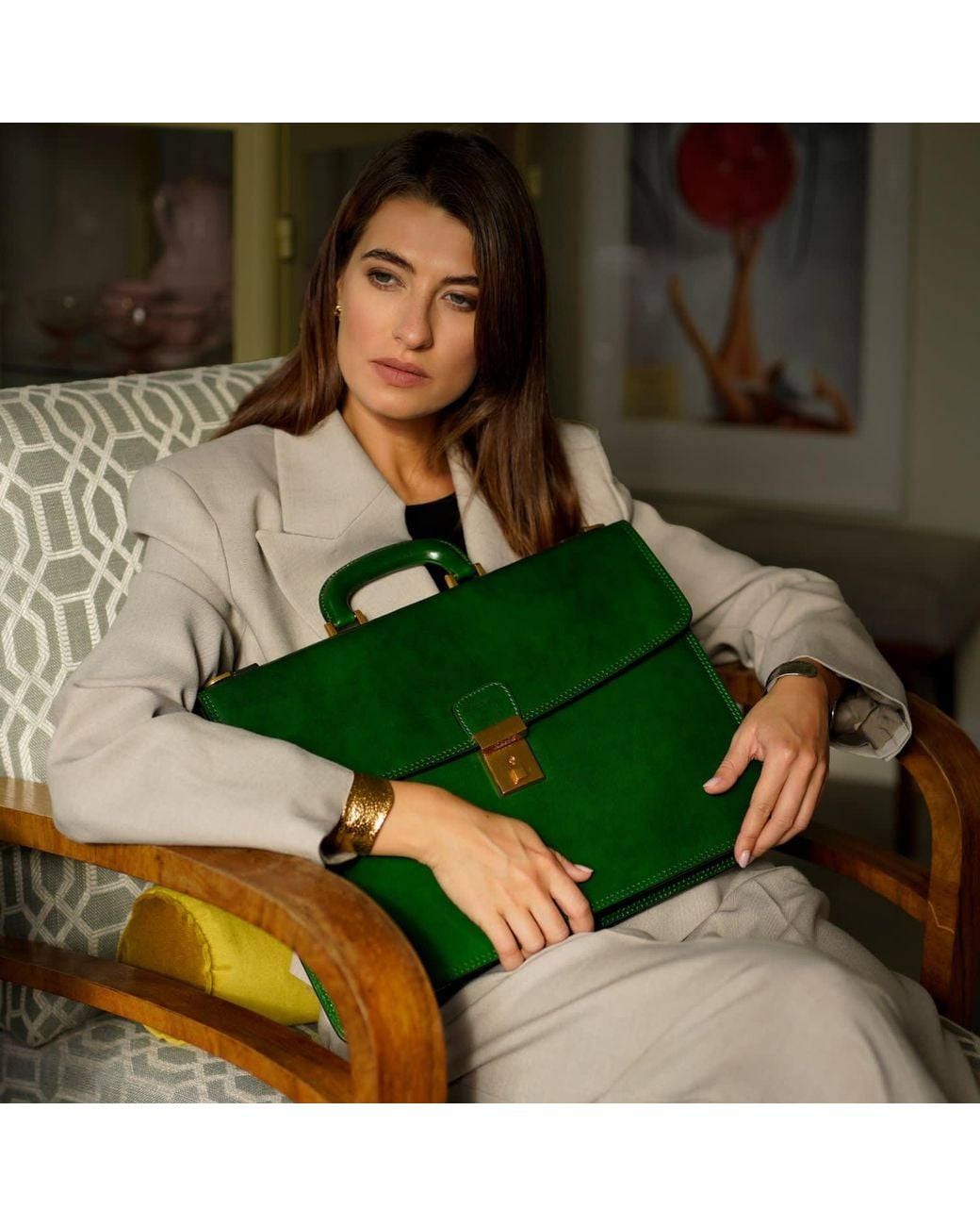 Time Resistance Green Leather Briefcase