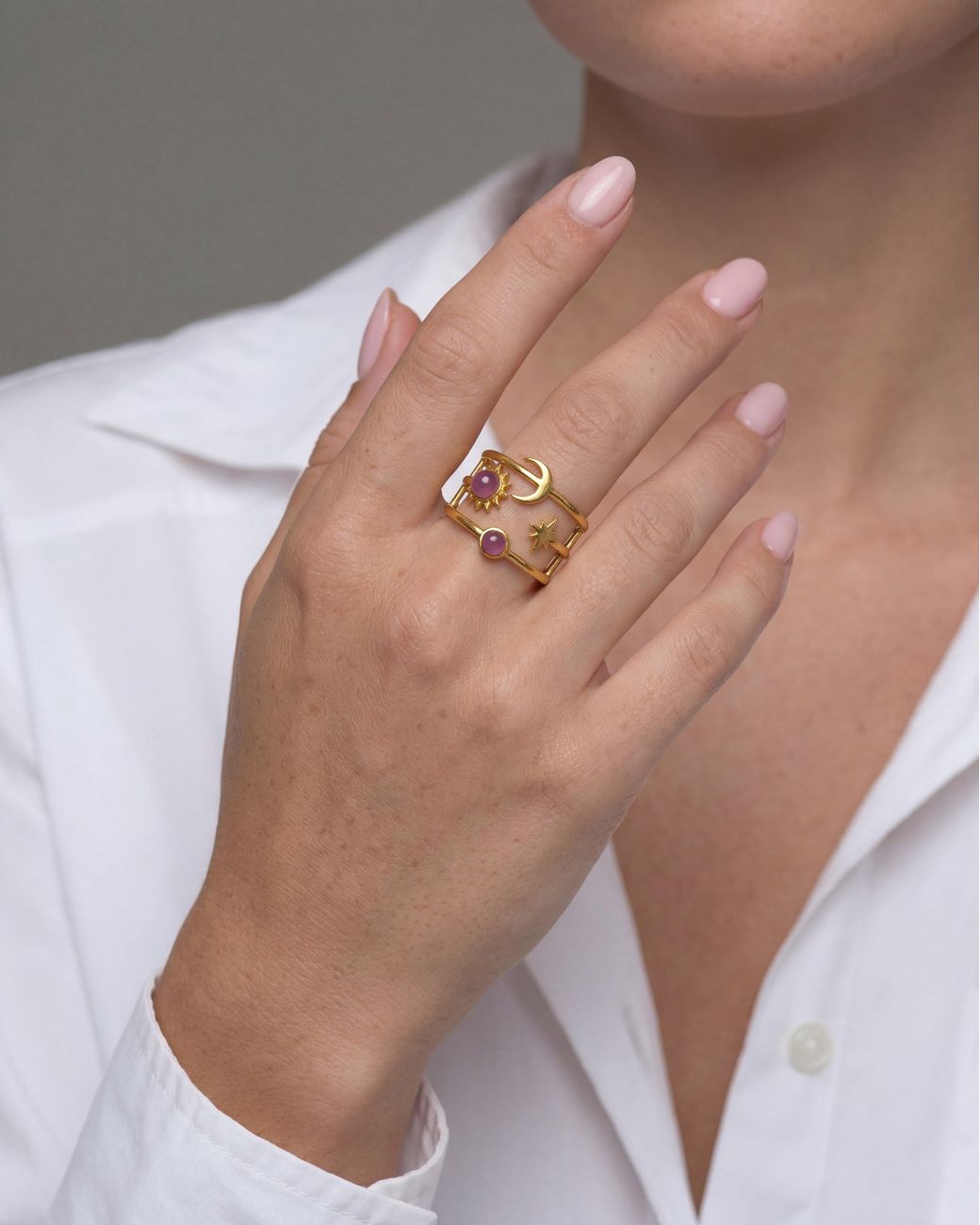 Elk & Bloom Metallic Chunky Star, Moon & Sun Gemstone 14K Ring