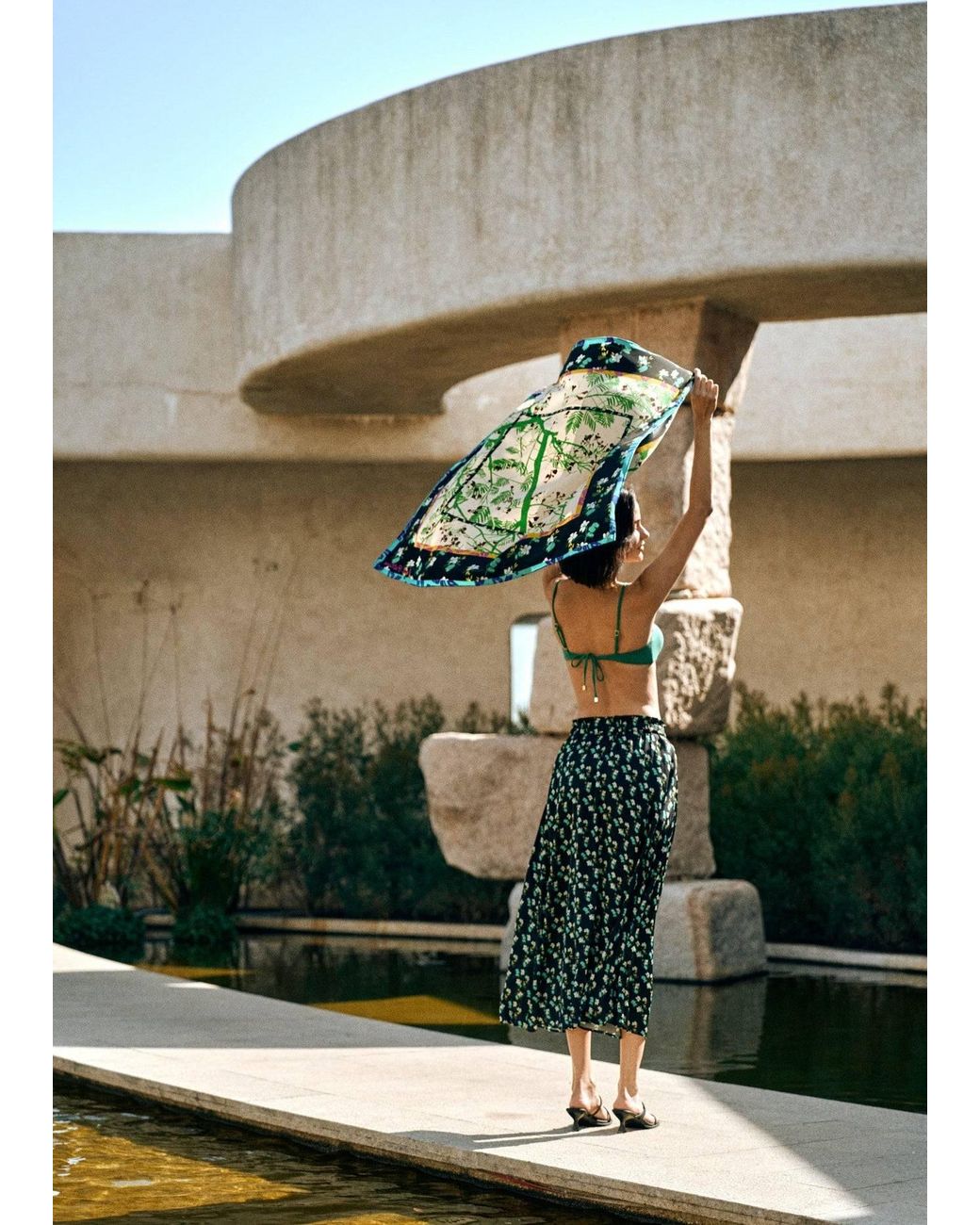 Lost Pattern Green Beach Blossom Satin Midi Skirt