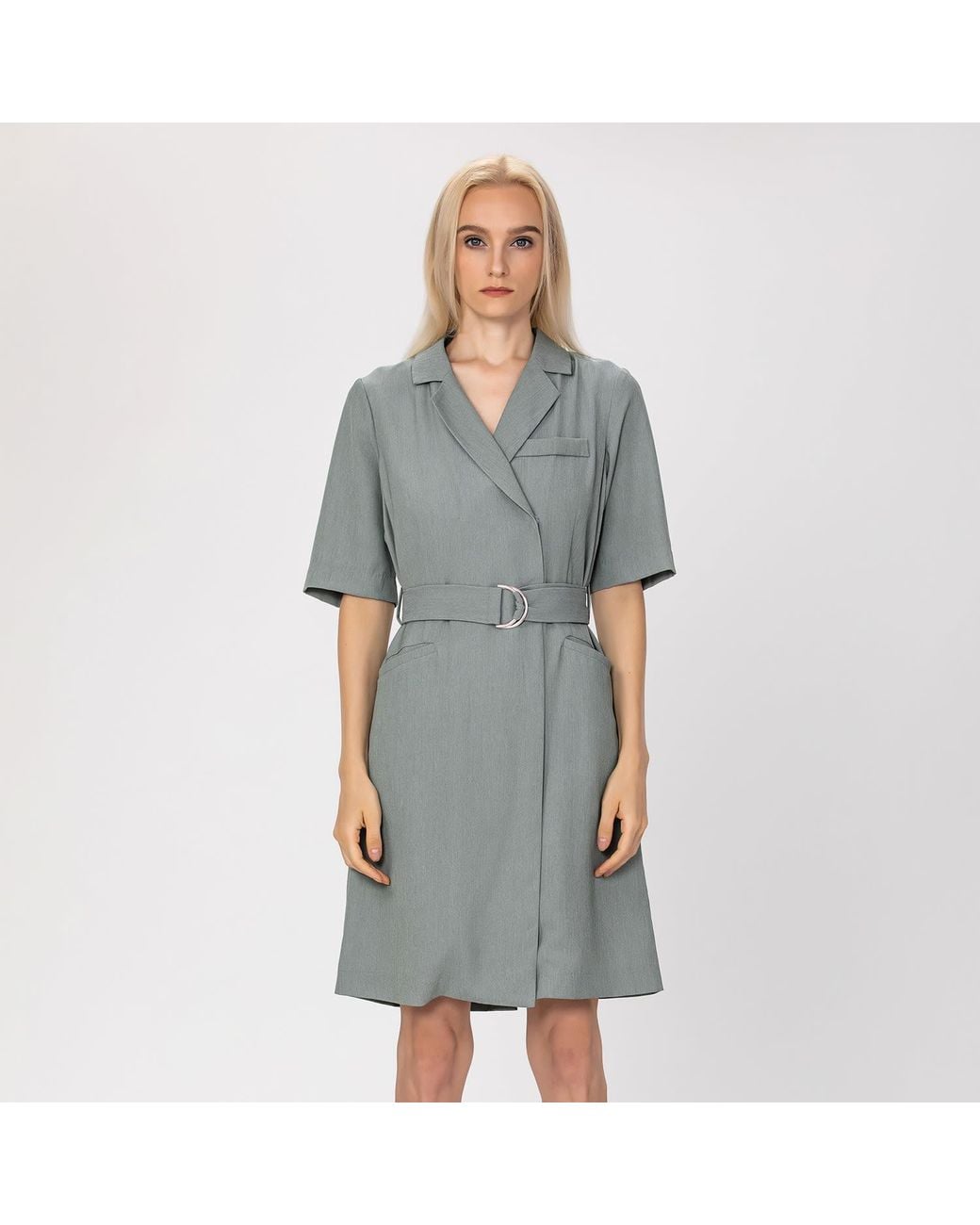 Smart and Joy Gray Neutrals Wrap Tailor Dress With Belt